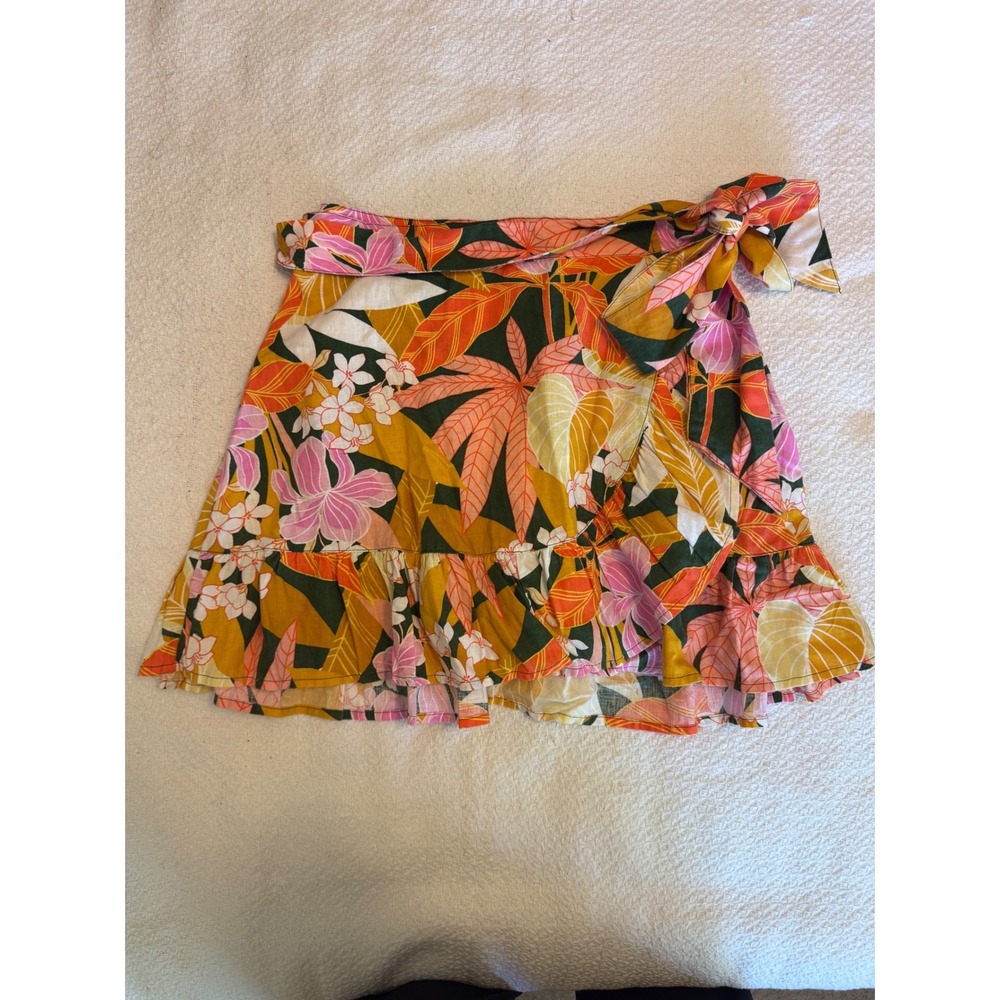 Aerie Tropical Floral Wrap Mini Skirt Pink Orange Green Ruffle Hem Size Medium